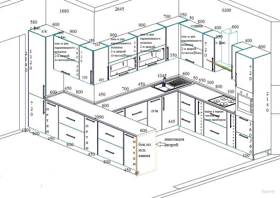 Чертеж угловой кухни с размерами всех шкафов