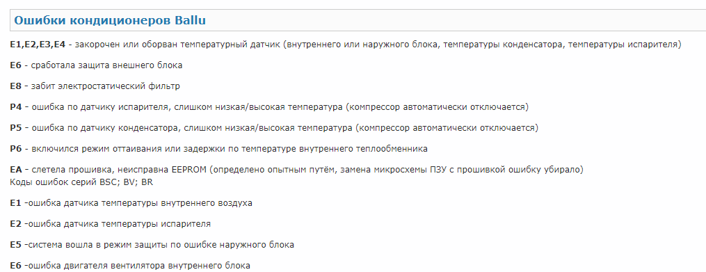 Коды ошибок кондиционеров балу (ballu): кассетных, канальных, ремонт неисправностей в домашних условиях