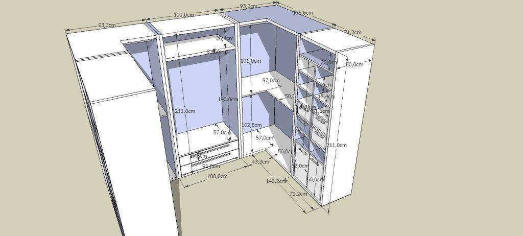 Схема гардеробной комнаты с размерами