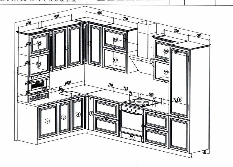 Кухня с размерами шкафов прямая