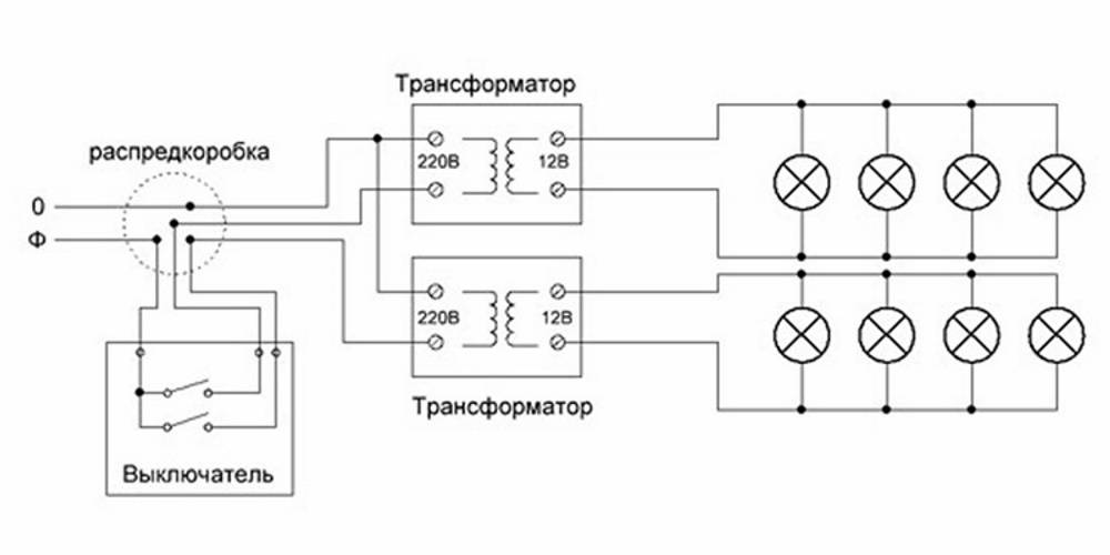 Схема подключения точечных светильников на потолке