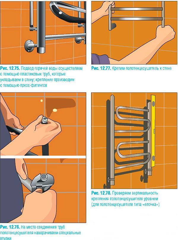 Как выполняется крепление полотенцесушителя к стене в ванной?