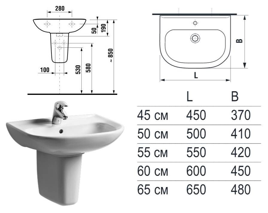Размер раковины на чертеже