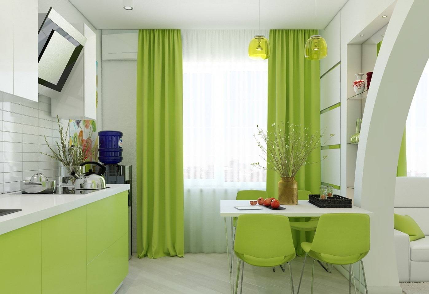 Желтая кухня: сочетание в интерьере желто-зеленого и салатового гарнитура с полом, стенами, шторами
