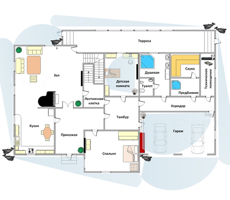 Схема размещения видеонаблюдения. Схема монтажа камер видеонаблюдения в частном доме. Схема установки камер видеонаблюдения в частном доме. Схема установки видеокамер в частном доме. Схема расположения наружных камер видеонаблюдения.
