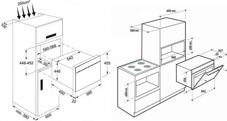 Размеры техники. Чертеж пенала под духовой шкаф и микроволновку. Пенал под встраиваемую духовку. Встроенная духовка чертеж. Высота духового шкафа в пенале с микроволновкой.