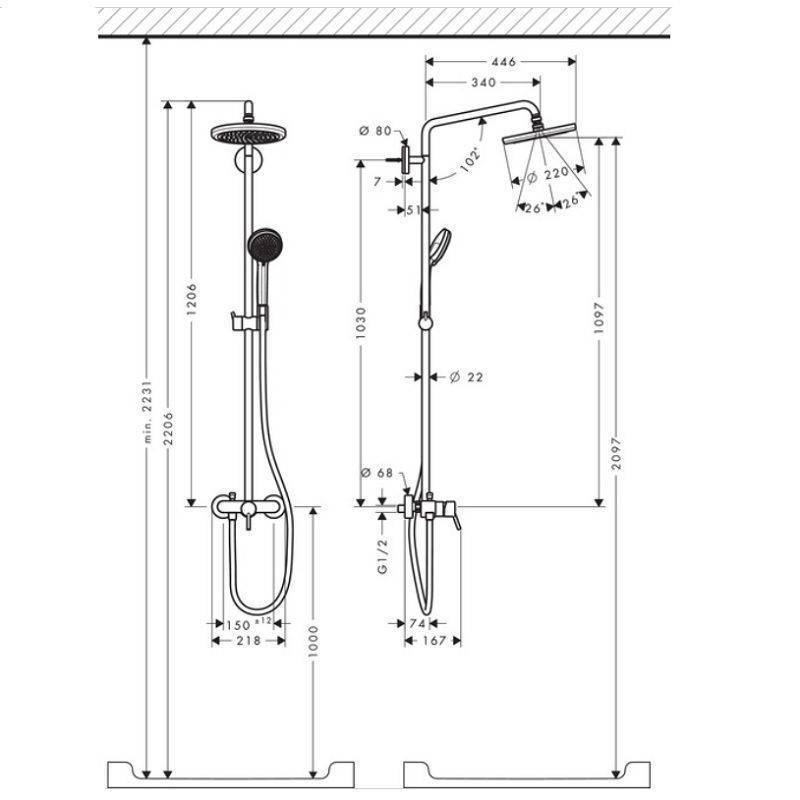 Высота смесителя для ванны от пола стандарт. Душевая система Hansgrohe Croma 27222000. Душевая система Hansgrohe 27222000. Hansgrohe Croma 220 Showerpipe 27222000. Душевая стойка Hansgrohe Croma 220 Showerpipe 27222000.