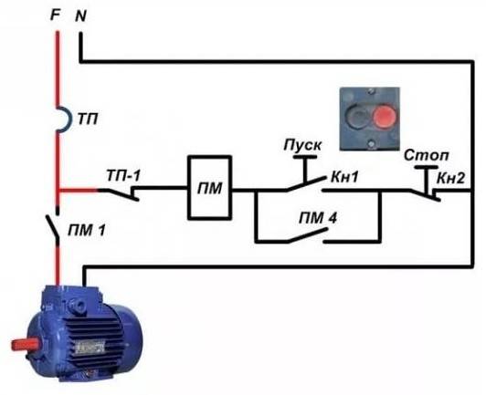 Схема подключения электродвигателя 380 через пускатель и кнопку
