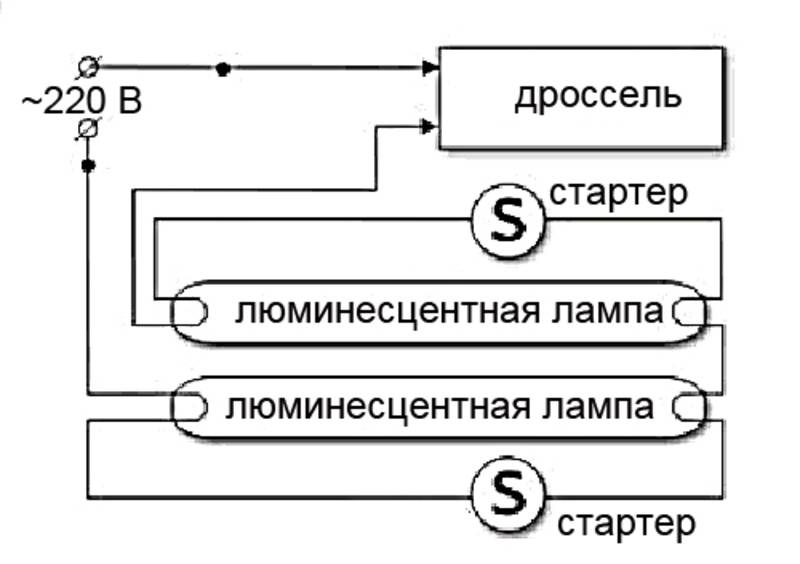 Схема подключения светильника дневного света с двумя лампами