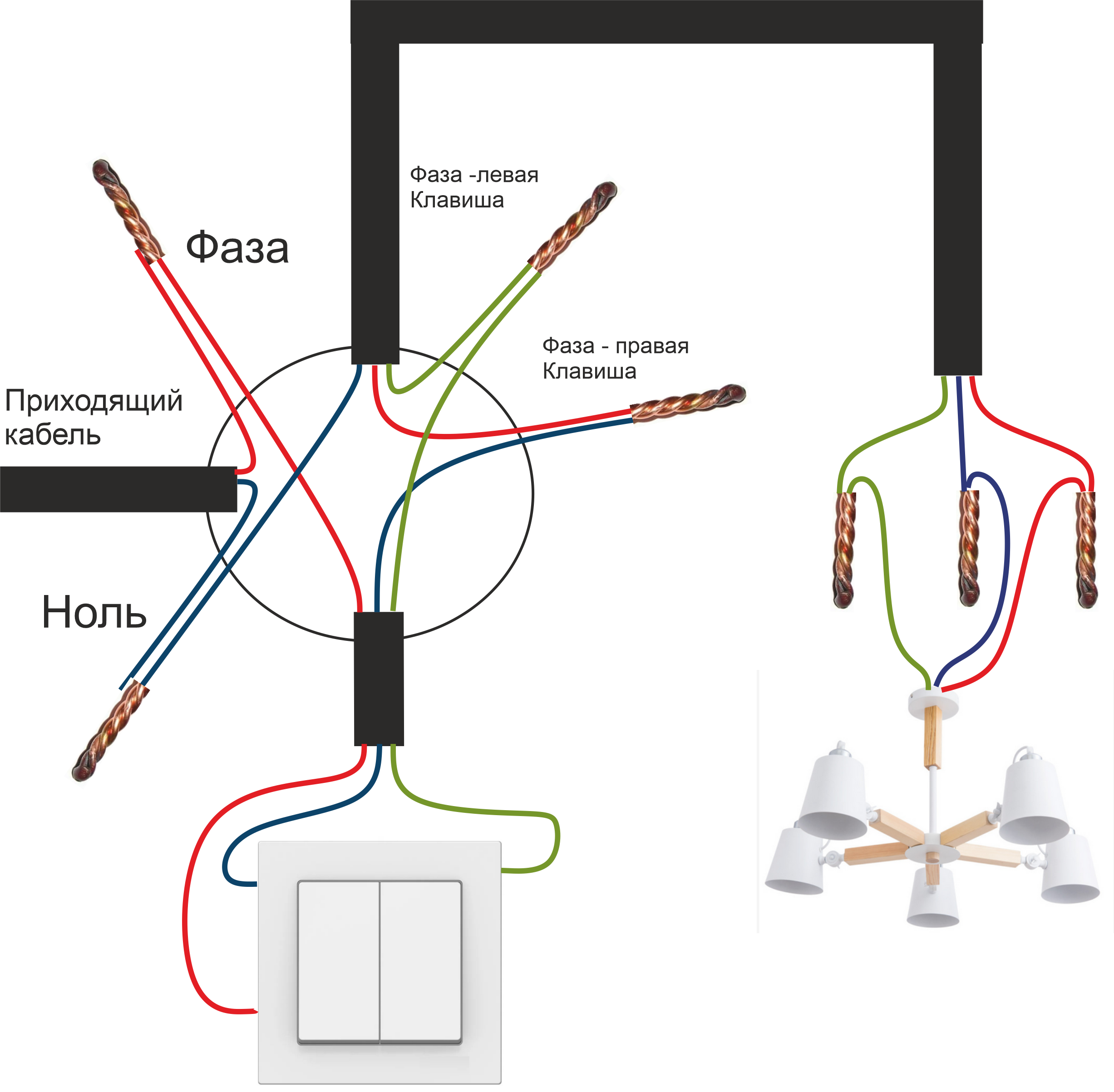 Как подключить одинарный выключатель. Схема соединения проводов двухклавишного выключателя. Схема подключения двухклавишного выключателя на 2 лампочки. Схема подсоединения двухклавишного выключателя к двум лампочкам. Схема подключения двухклавишного выключателя трехжильным кабелем.