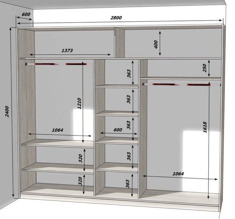 Схема внутреннего наполнения шкафа купе