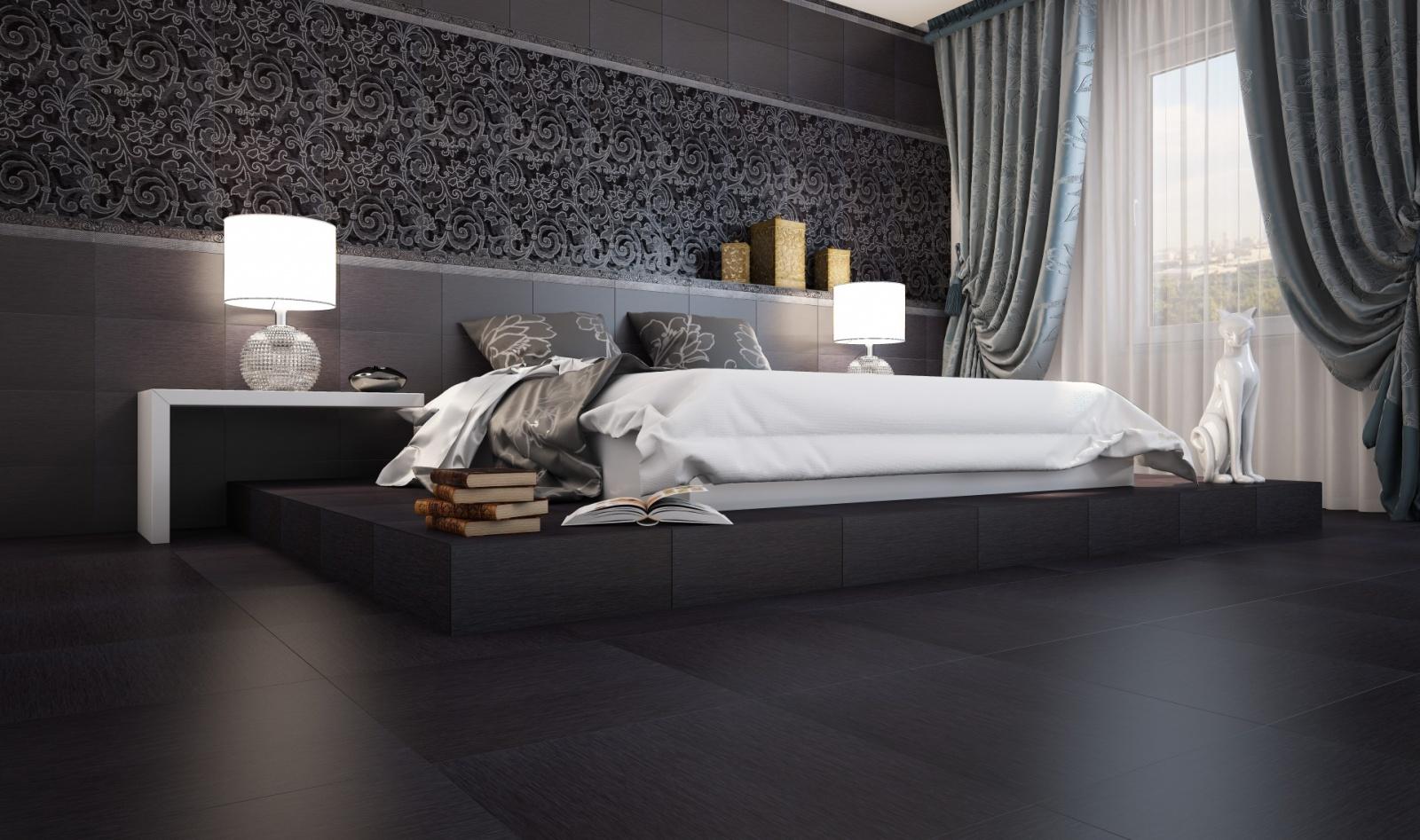Плитка в спальне: фото интерьера с плиткой на полу и на стене