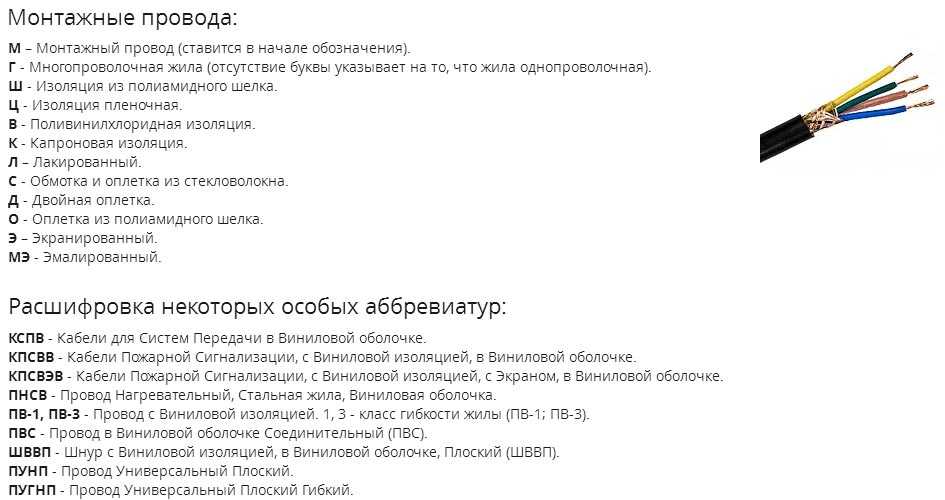 Расшифровка (маркировка) обозначений кабелей и проводов
