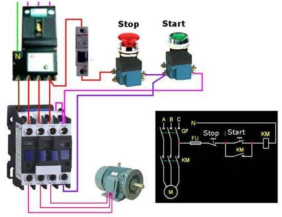 Схема подключения электродвигателя 380 через пускатель и кнопку