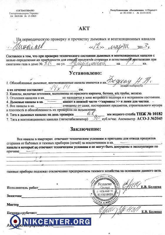 Акт испытания вентиляции и очистки вентиляционных каналов, образцы